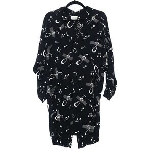 Sterling Silver VTG Womens‎ Button Down Shirt XL Black White Music Teacher Tunic